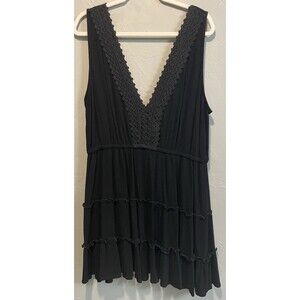 Black Mini Dress Tank Crochet Deep V-neck & Back Tassle Tie Tiered Womens’s 3X